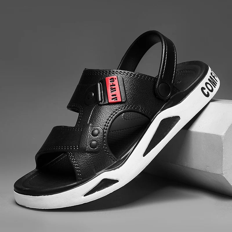 Men's summer EVA slippers with open-toe design, thick soles, non-slip beach sandals for outdoor wear.