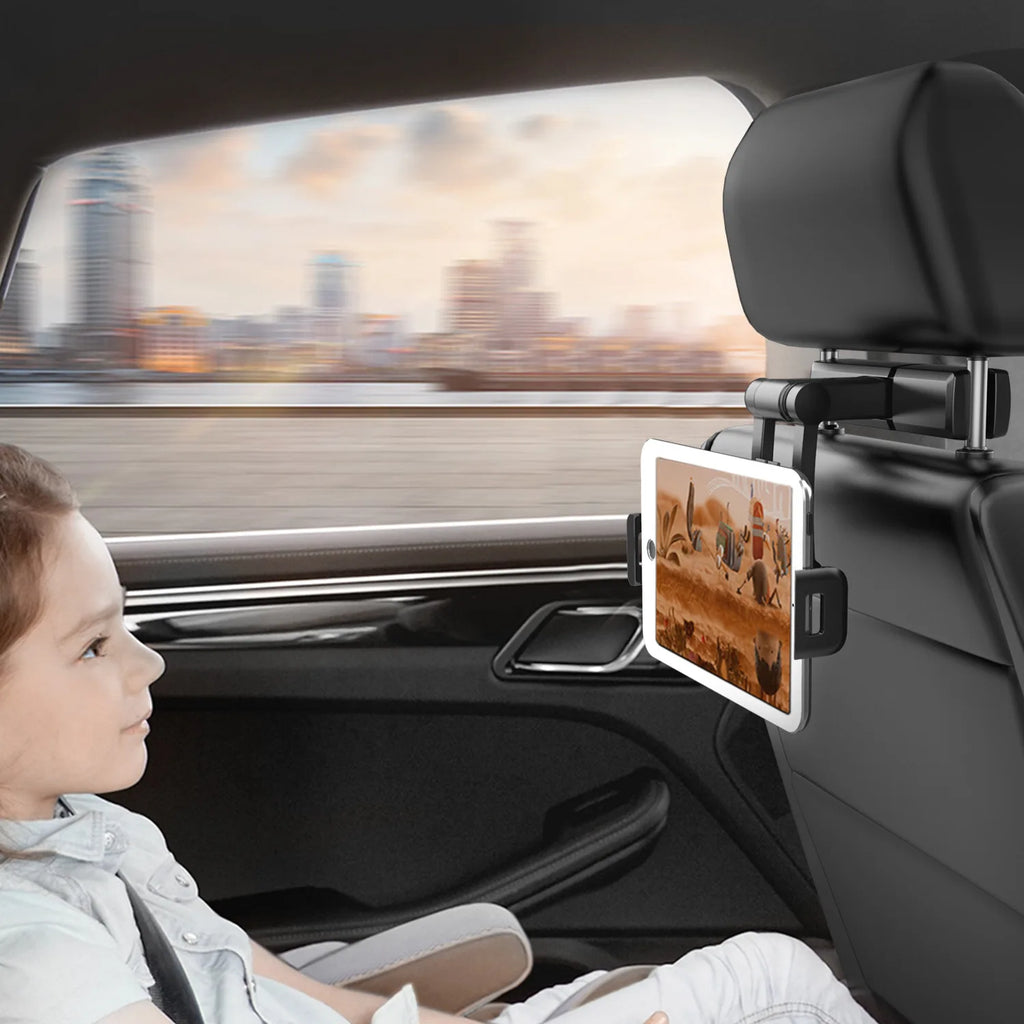 Showlu Smart General car headrest tablet holder mounted on headrest, holding a tablet for rear passenger entertainment.