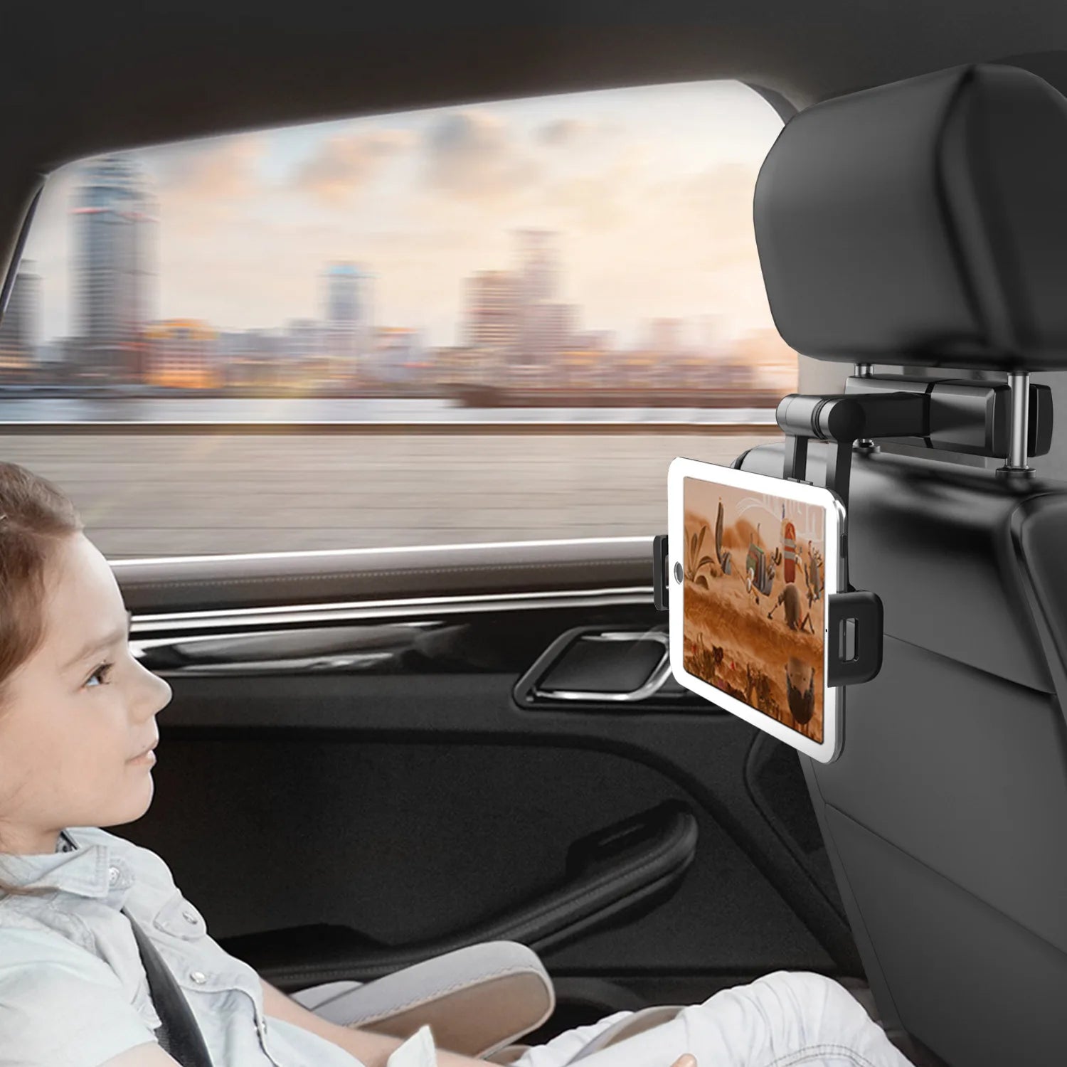 Showlu Smart General car headrest tablet holder mounted on headrest, holding a tablet for rear passenger entertainment.