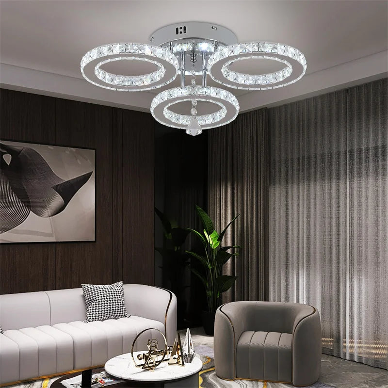Modern Crystal Chandelier by Showlu Fashion Store, chrome flush mount LED ceiling light with sparkling crystal accents.