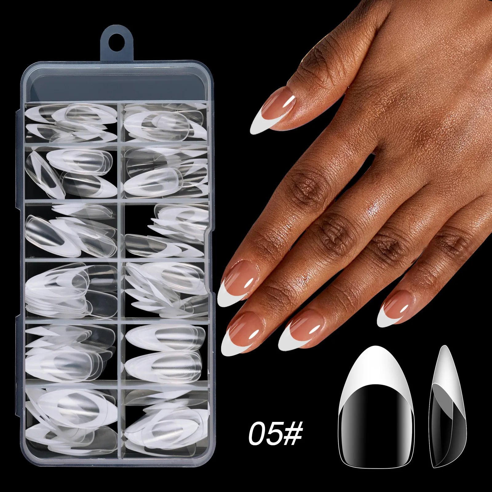 Set of 120 acrylic French false nails in medium length square shape with full cover tips, mixed sizes, and removable press-on design.
