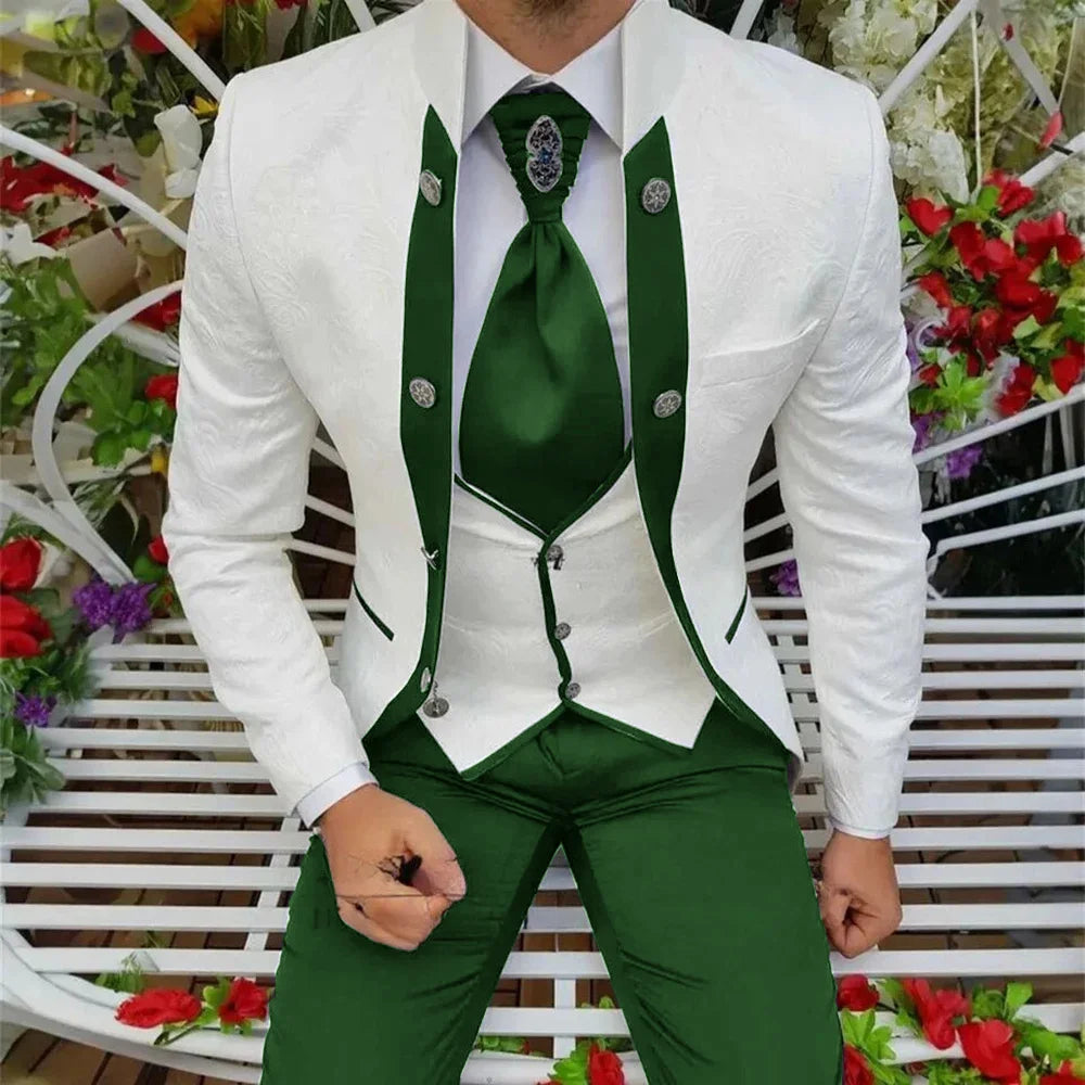 Showlu men's royal blue 3-piece wool tuxedo suit with jacket, vest, and trousers, ideal for wedding grooms and formal occasions.