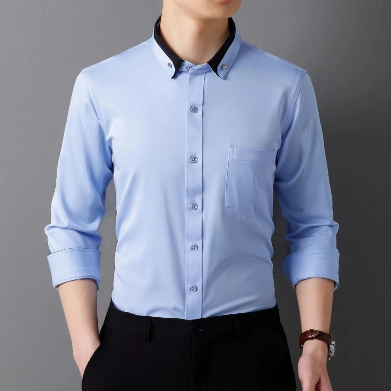 Men's Shirt Long Sleeve Elastic Wrinkle Proof Business Office Spring and Autumn Top Classic Solid royal blue -Black -White-green