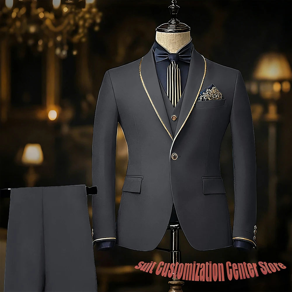 Navy blue men's suit set with jacket, vest, and pants featuring slim fit and shawl lapel, suitable for wedding or prom.
