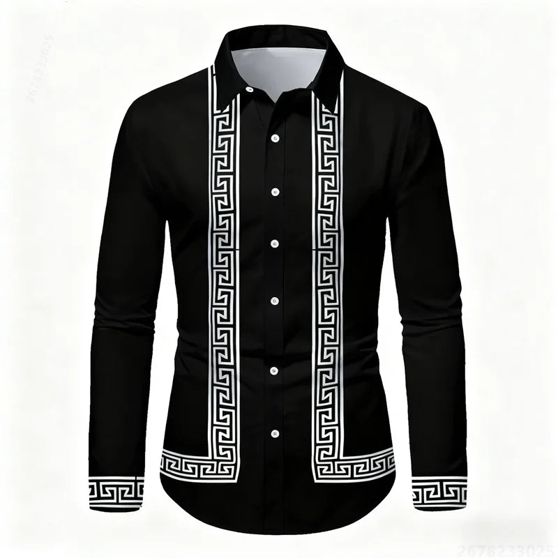 Men's retro geometric print long-sleeve shirt by Showlu Fashion, black and white color-blocked slim fit casual top