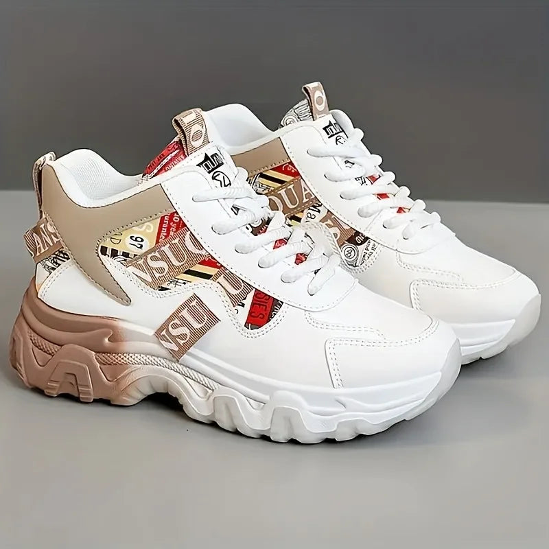 Korean edition women's spring and summer dad shoes with color block design, breathable fabric, thick soles, and height-increasing features.
