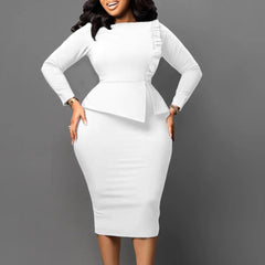 Elegant Office Dresses Women 2024 O Neck Full Sleeve Sheath Solid Package Hips Mid Calf Professional Business Work Wear Dress OL