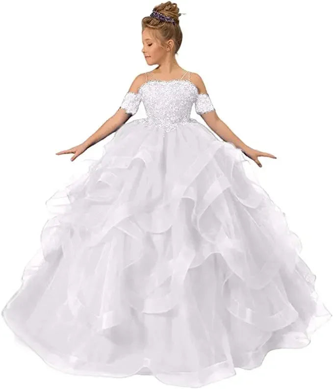 Showlu Fashion Gdybao flower girl dress with off-shoulder tulle ball gown for kids, featuring appliqué flower details and elegant design.