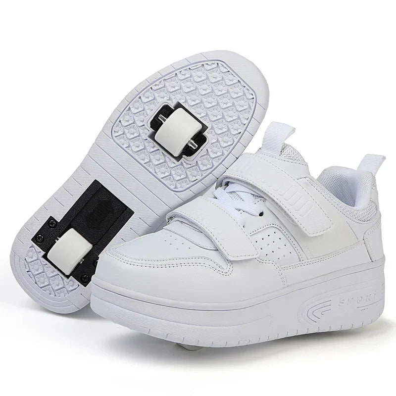 Kids' white roller skates by JLmoito with two wheels, chunky skateboard-style shoes for children, shown in a bright, playful setting.