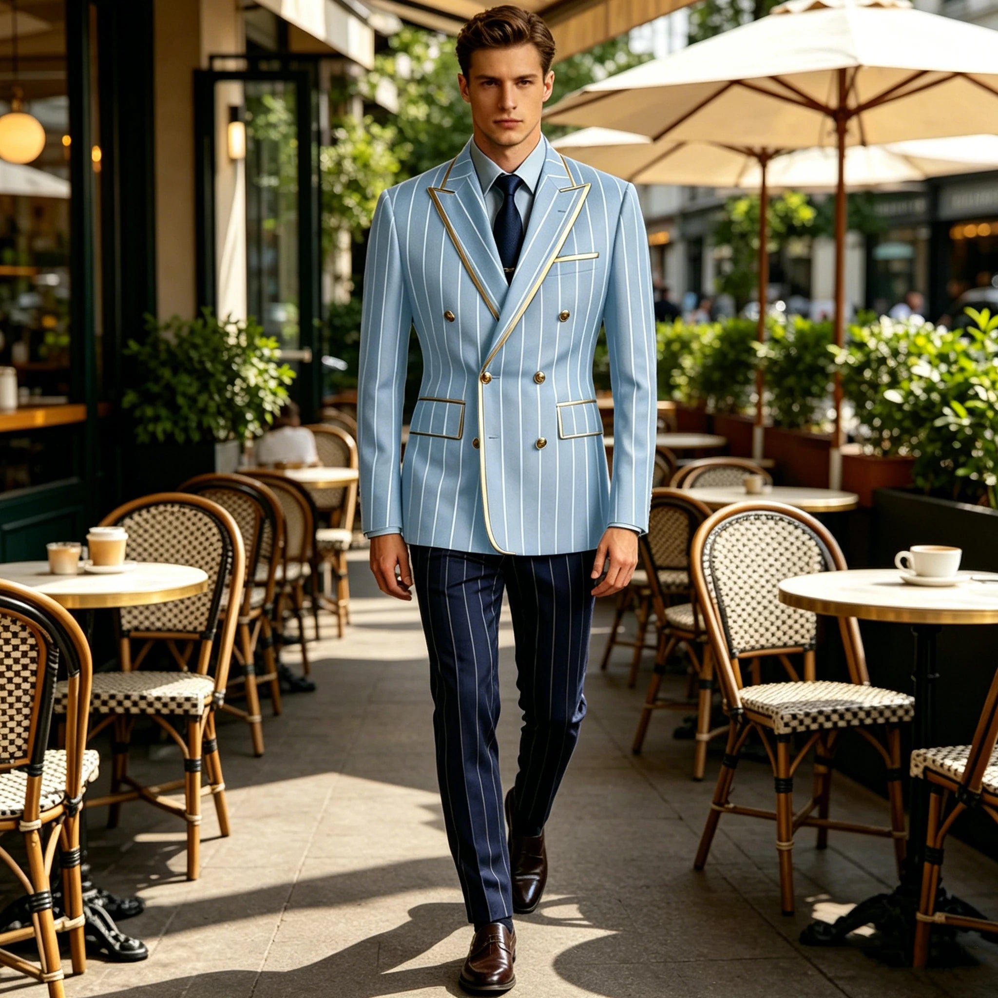 Men's Pinstripe Blazer Double Breasted Gold Trim Slim Fit Suit Jacket Peak Lapel Business Formal Tuxedo Coat for Wedding Prom