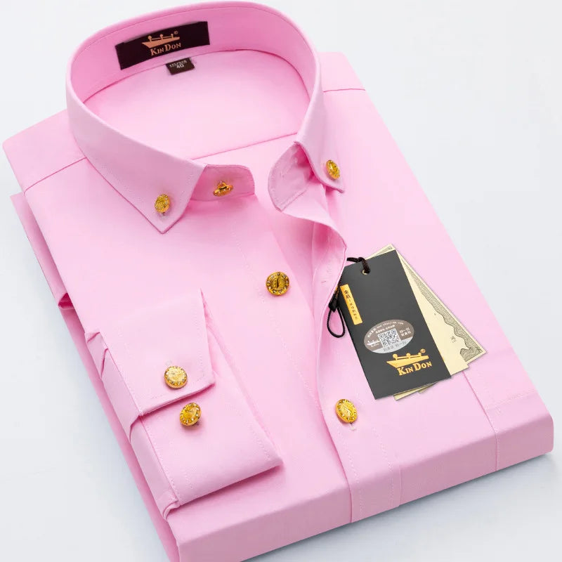 Men's luxury brass-button long sleeve business casual shirt by Showlu Fashion, ironing resistant, suitable for office and gifting.