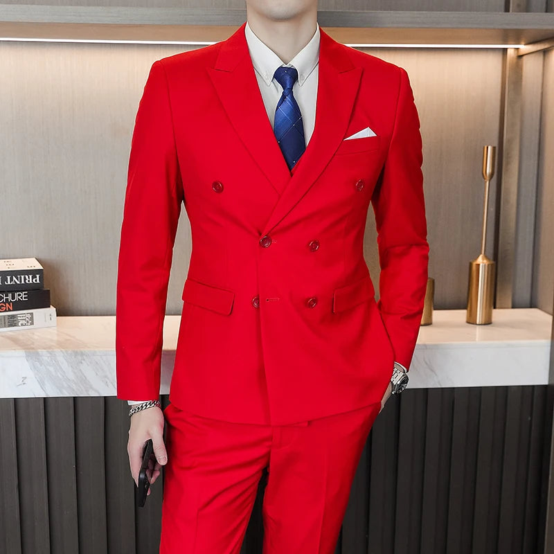 Men's slim fit double-breasted business and wedding suit by Showlu Fashion Store, featuring a tailored fit and classic style.