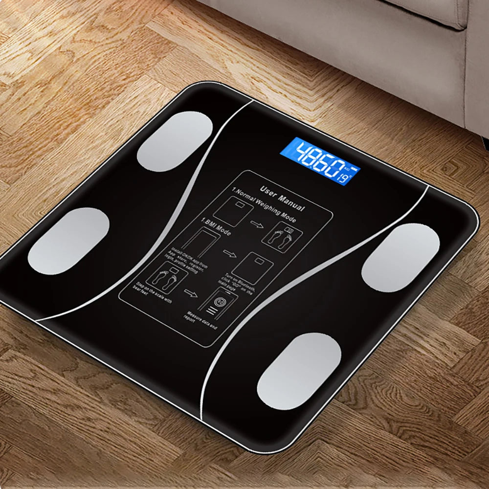 Showlu Smart digital body weight scale with glass surface, measuring up to 200kg, designed for bathroom use.