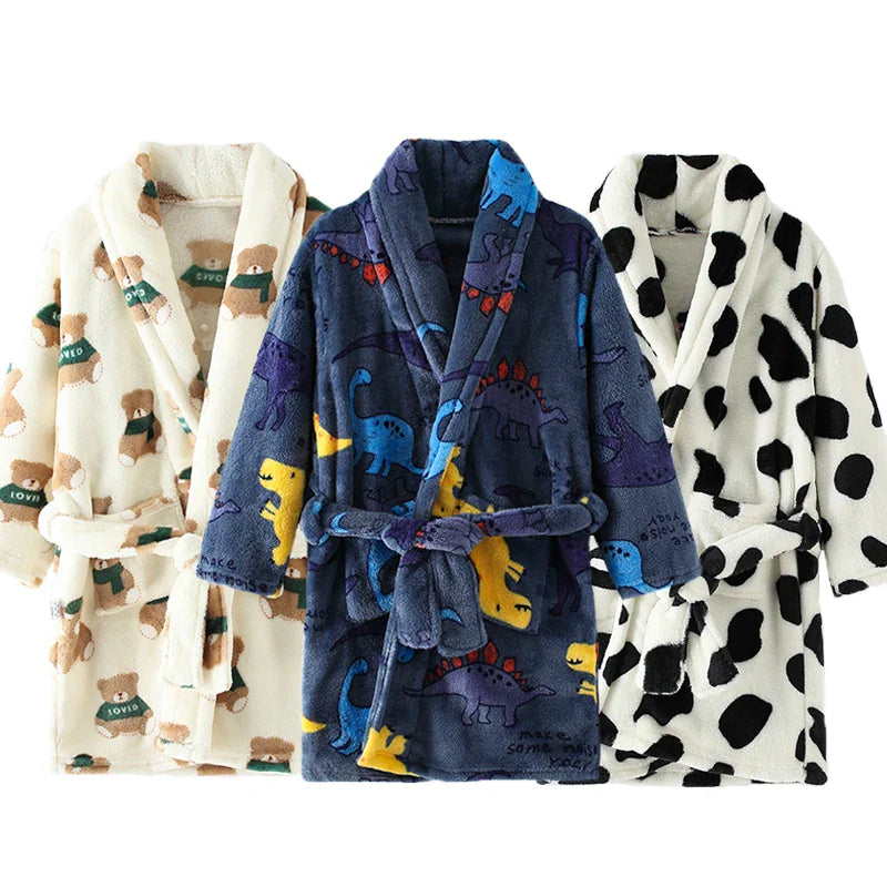 Soft cartoon print flannel pajamas and bathrobe for kids aged 4-16 by SHOWLU FASHION STORE, featuring cozy, comfortable design.