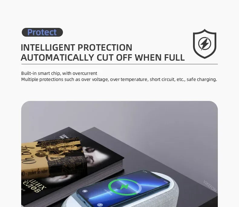Showlu Smart General 15W wireless charging alarm clock with LED night light, digital display and sleek modern design.