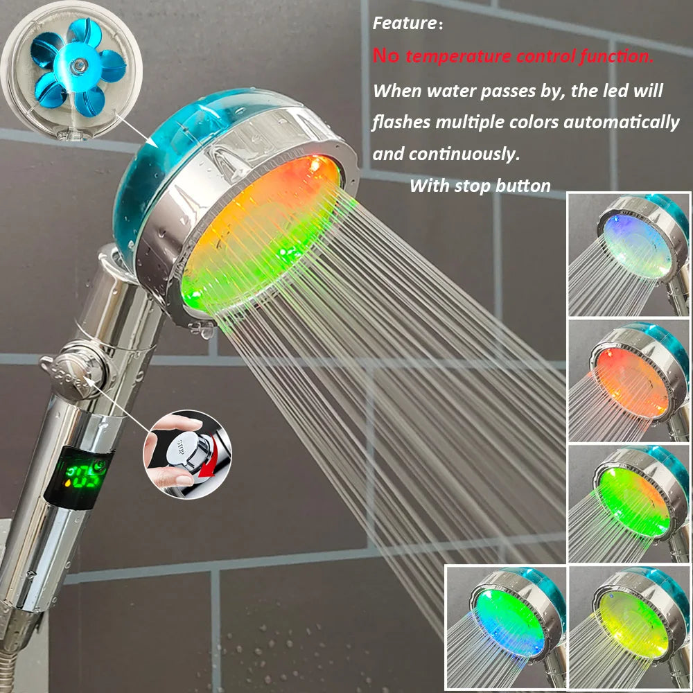 Showlu Smart General LED handheld shower head with temperature display and adjustable water pressure, shown in a bathroom setting.