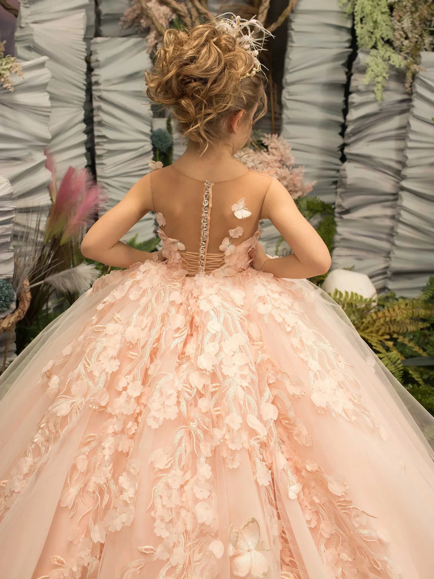 Showlu girls' floral tulle ball gown with one shoulder butterfly design, perfect for pageant or special occasions.