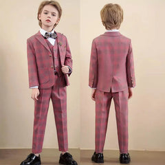 Children Red Jacket Vest Pants 3PCS Photograph Suit Boys Wedding Dress Prince Kids Tuxedo Set Teenager Birthday Party Costume