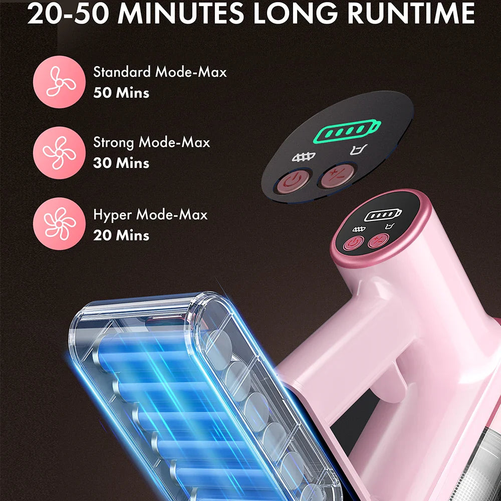 Homeika cordless vacuum cleaner with LED display, 28KPA suction, and 8-in-1 design, shown with handheld and extension attachments.