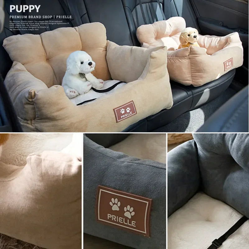 Showlu Universal Pet Car Seat Carrier in nylon with safety belt, designed for secure and comfortable dog transport.