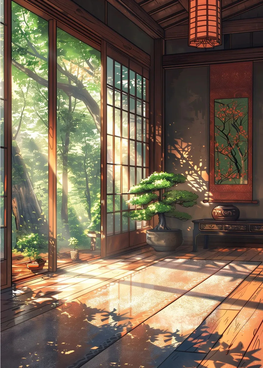 Japanese landscape wall art featuring samurai, geisha, bonsai, sakura, and torii gate in a traditional painting style for home decor.