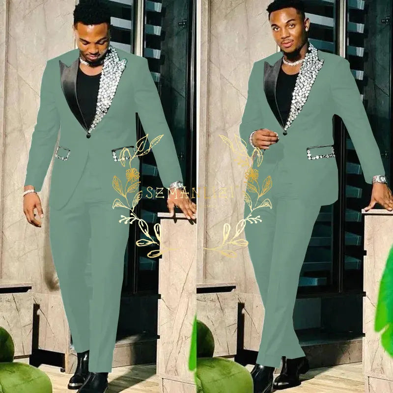 Black slim fit men's suit set including single-breasted blazer with peak lapel and matching pants, high-quality crystal details.