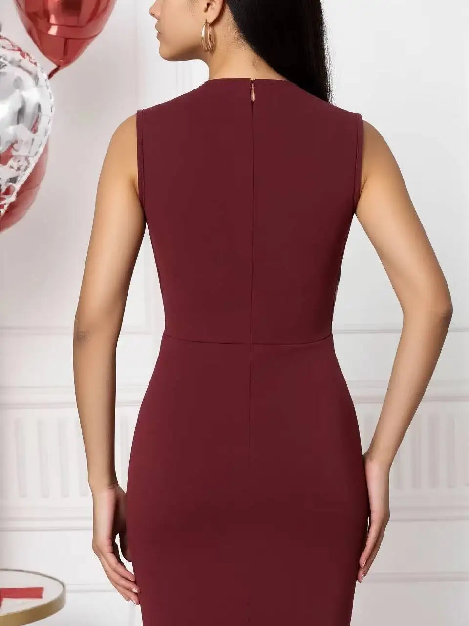 Showlu Women's Burgundy V-Neck Midi Dress with bodycon fit, elegant wrap design, suitable for parties and special occasions.