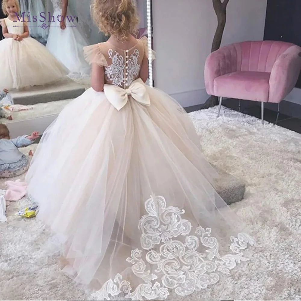 Flower girl dress by Showlu Fashion Store with lace and tulle, princess ball gown style for weddings, elegant and charming.