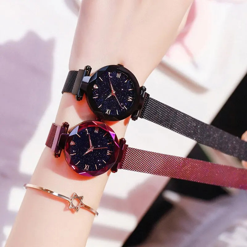 Women’s fashion starry sky quartz watch with mesh band, diamond accents, magnet buckle, stylish dress clock from Showlu Fashion