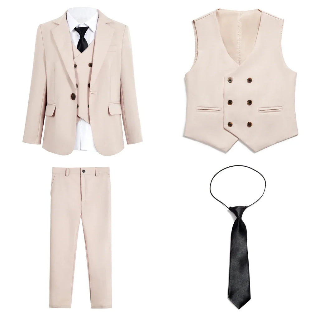 SHOWLU beige boys' 4-piece formal suit set with tuxedo jacket, vest, shirt, and pants, perfect for weddings and special occasions.