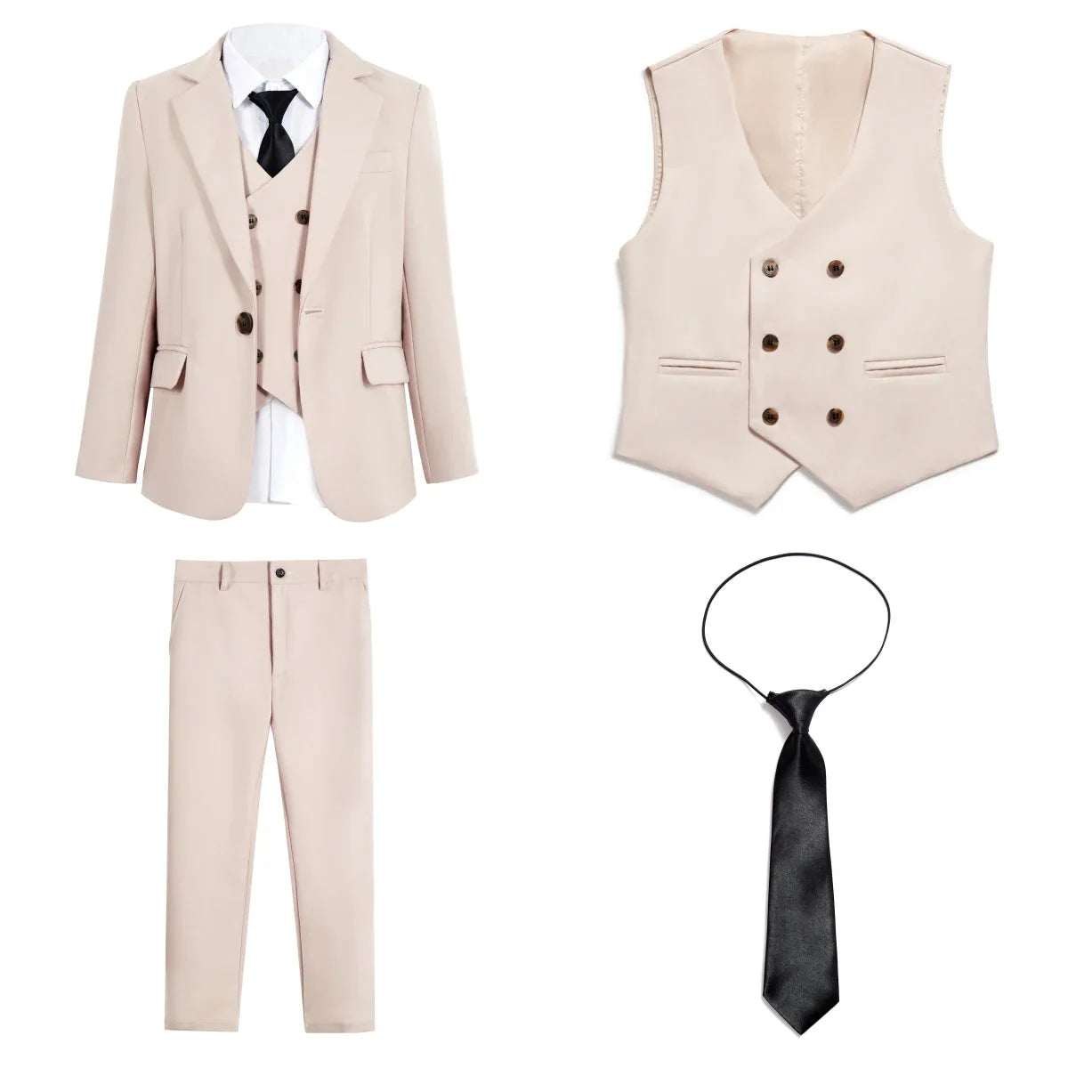 SHOWLU beige boys' 4-piece formal suit set with tuxedo jacket, vest, shirt, and pants, perfect for weddings and special occasions.