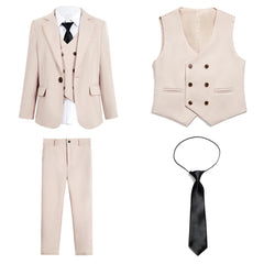 Beige Boy's Formal Suit Set, 4 Pieces Regular Fit Kids Smart Prom Suits, Jacket Vest Pants Tie Classy Solid Tuxedo For Wedding SHOWLU FASHION STORE