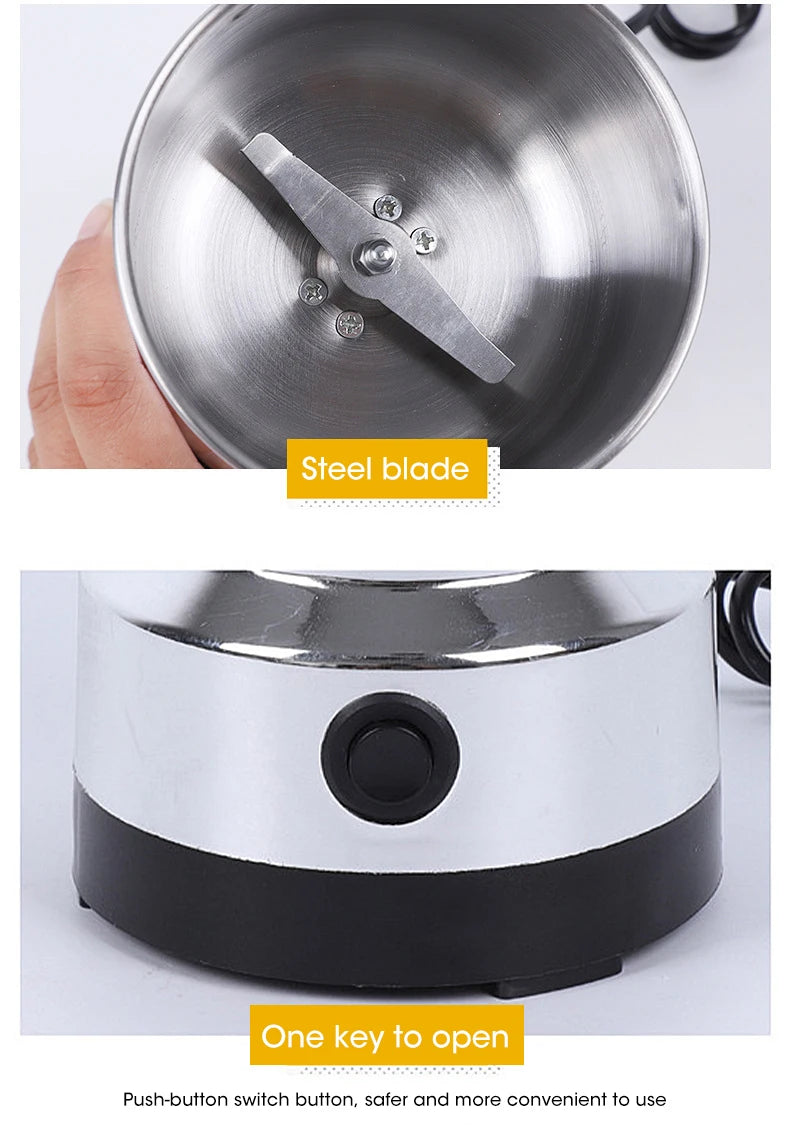Electric coffee and spice grinder by Showlu Smart General with stainless steel body and 150W motor, shown in the product image.