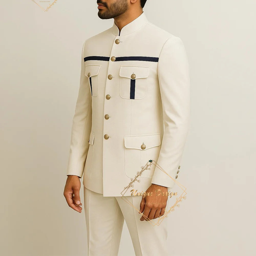 Ivory formal safari suit for men, custom-made Indian wedding groom set with slim-fit jacket and pants, stylish party dress ensemble.