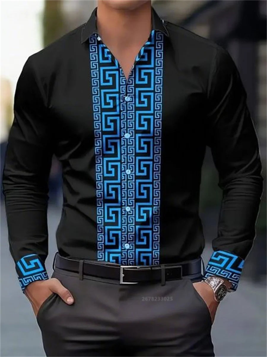 Men's patterned long-sleeved shirt with lapel buttons, casual and comfortable men's top by Showlu Fashion Store.