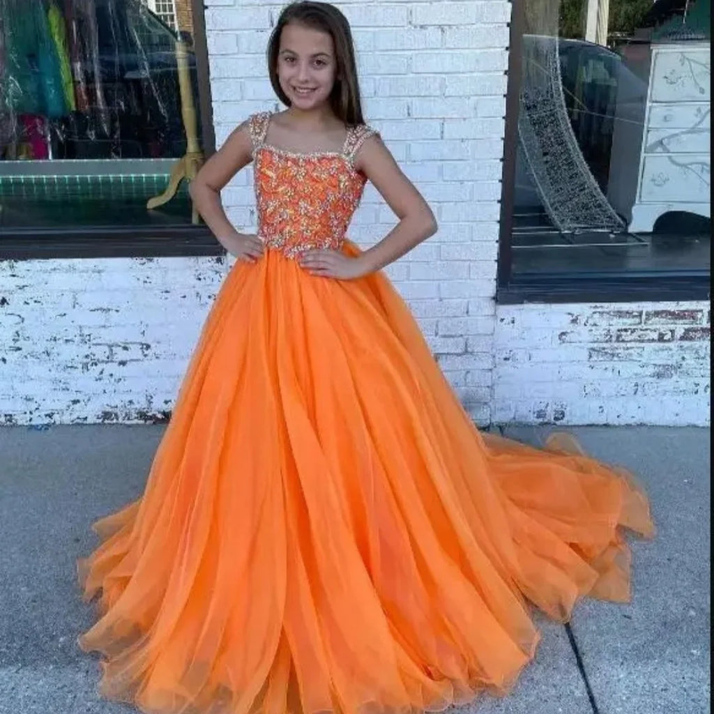 Customized Orange Flower Girl Dresses for Wedding Sequins Sleeveless Floor Length First Communion Kids Birthday Party Gowns