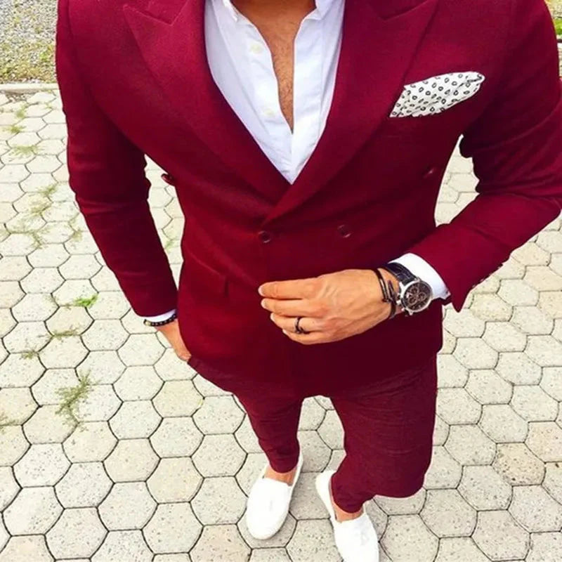 Beige Italian men's slim fit suit with tuxedo style, featuring a tailored 2-piece design for formal occasions.