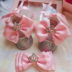 Dollbling Girls Pink Crown Ballerina Baptism Shoes Infant Dazzling Shoes Dress Handmade Mommy Daughter Outfit Bling Botties