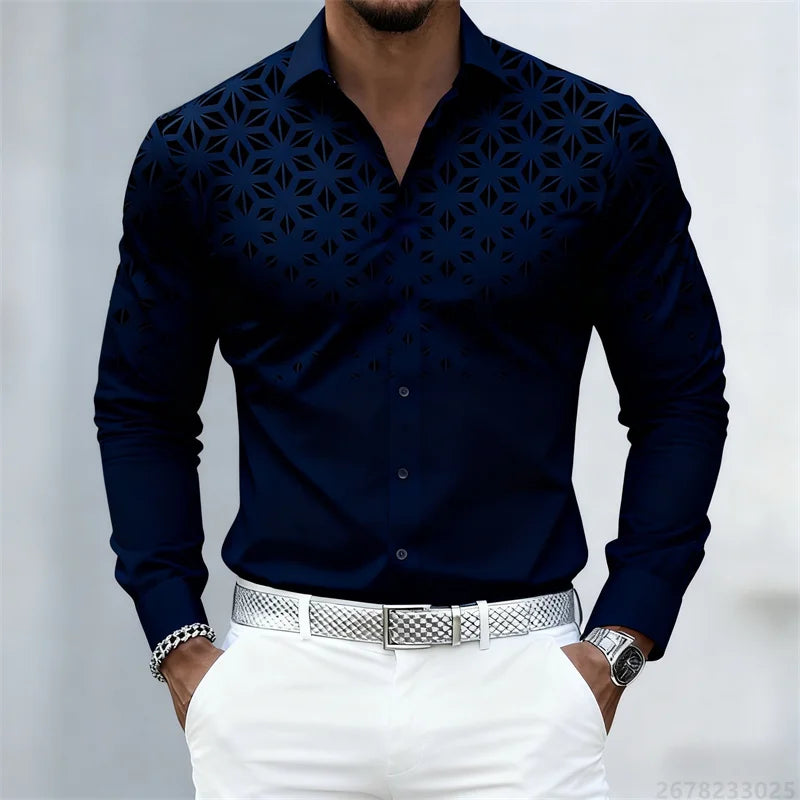 Men's slim fit long sleeve shirts in 17 colors with geometric pattern print, trendy casual shirts by Showlu Fashion Store
