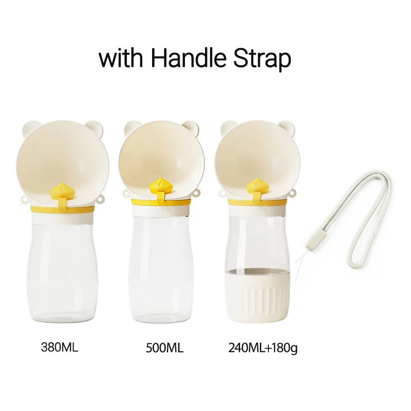 Holapet 2-in-1 portable dog water bottle with leak-proof travel dispenser, shown with water and dog drinking from the bottle.