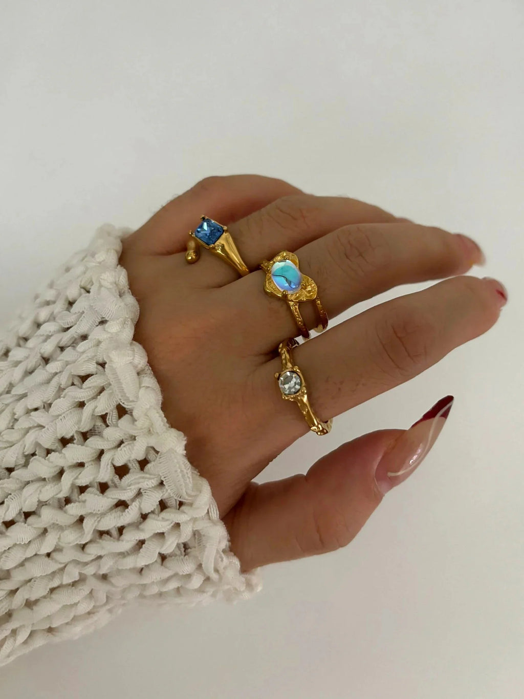 Gold plated stainless steel open ring featuring a vintage moonstone zircon design from Peri'sBox by SHOWLU FASHION STORE.
