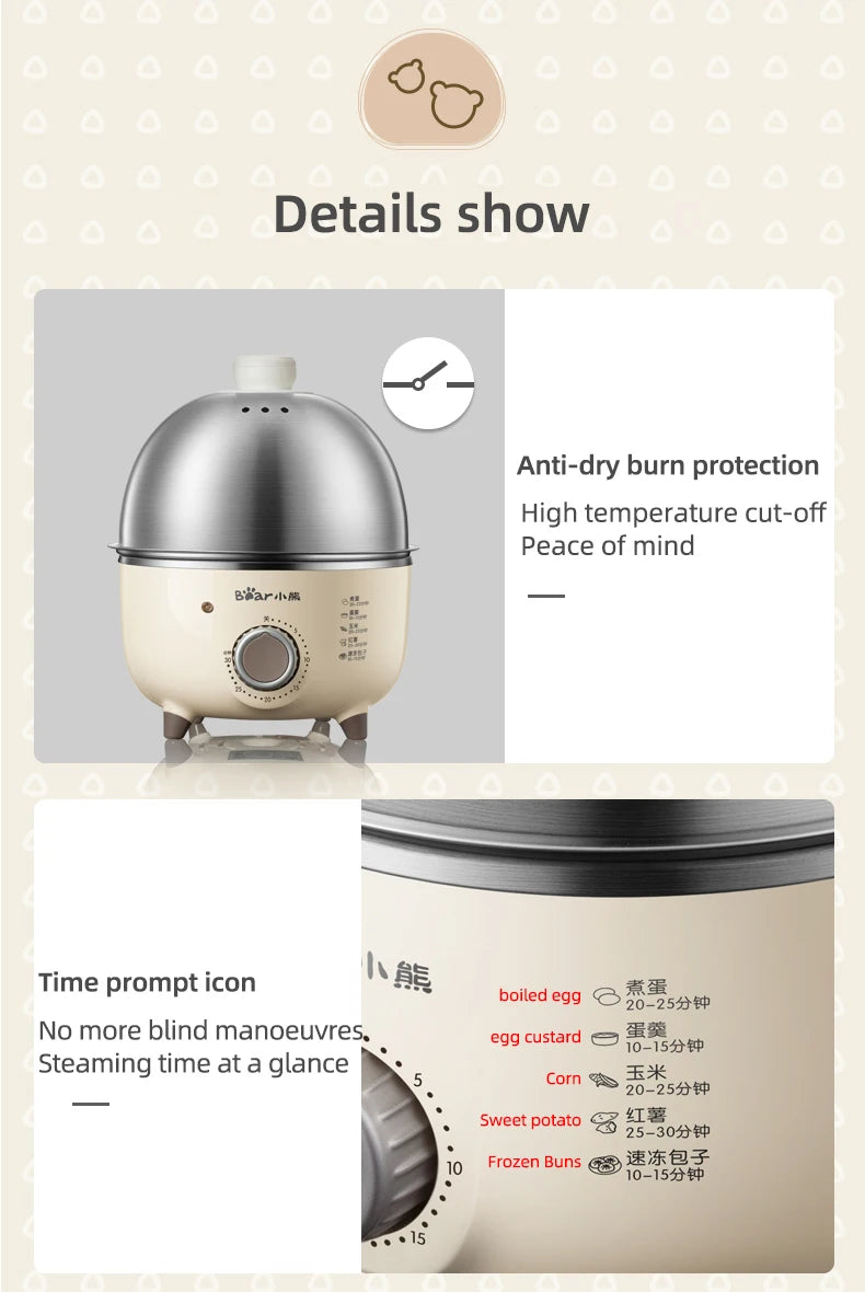 Showlu Smart Stainless Steel Electric Egg Boiler with 360W power, designed to cook 4-6 eggs with a timer feature.