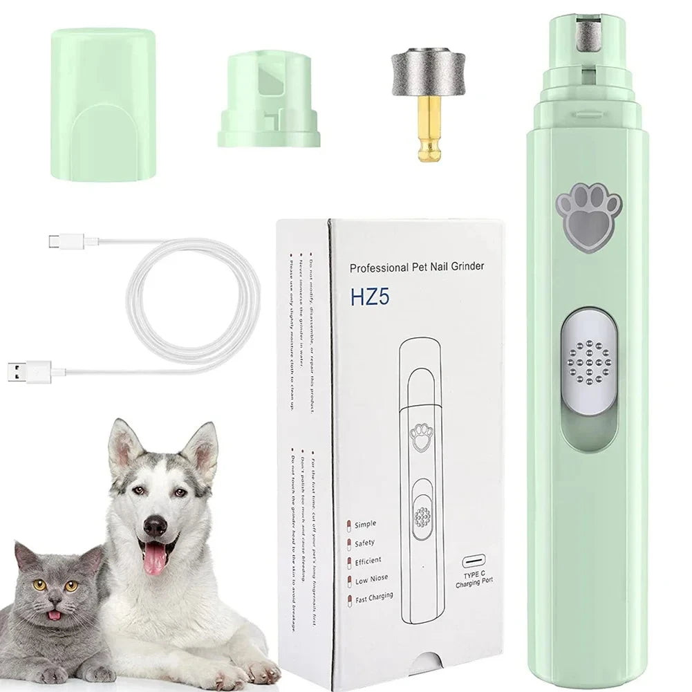 Electric dog nail grinder with USB recharge, painless trimmer for small and large pets, featuring polishing wheel for smooth nails.