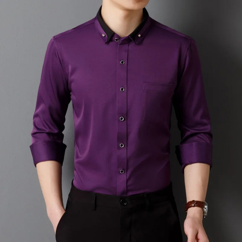 Men's Shirt Long Sleeve Elastic Wrinkle Proof Business Office Spring and Autumn Top Classic Solid royal blue -Black -White-green