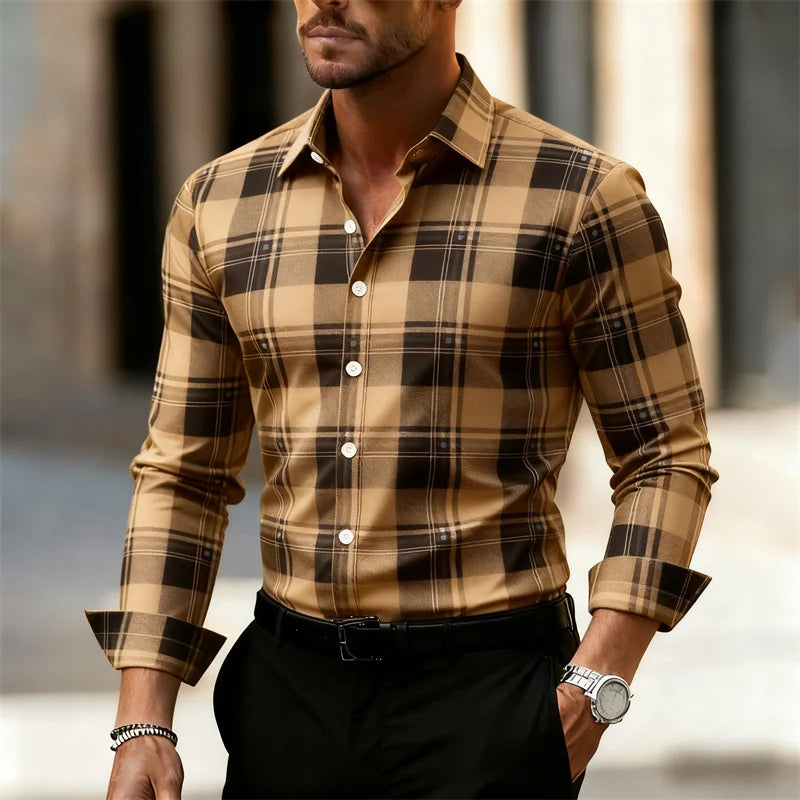 Men's plaid casual shirt with long sleeves, street style, outdoor wear, available in large sizes XS to 6XL, from Showlu Fashion Store.