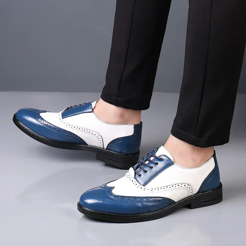 Showlu Fashion men's classic lace-up dress shoes with point toe design, suitable for formal, business, or wedding occasions.