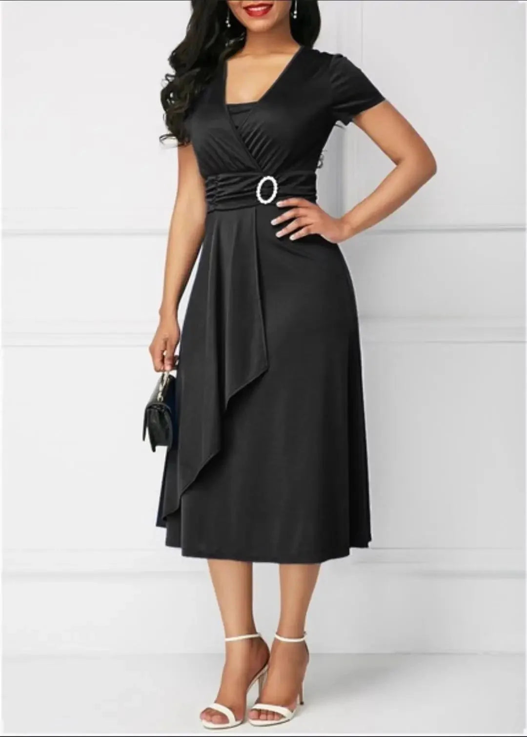 Ehuanhood women's V-neck chiffon midi dress in solid color with A-line silhouette, perfect for parties and elegant occasions.