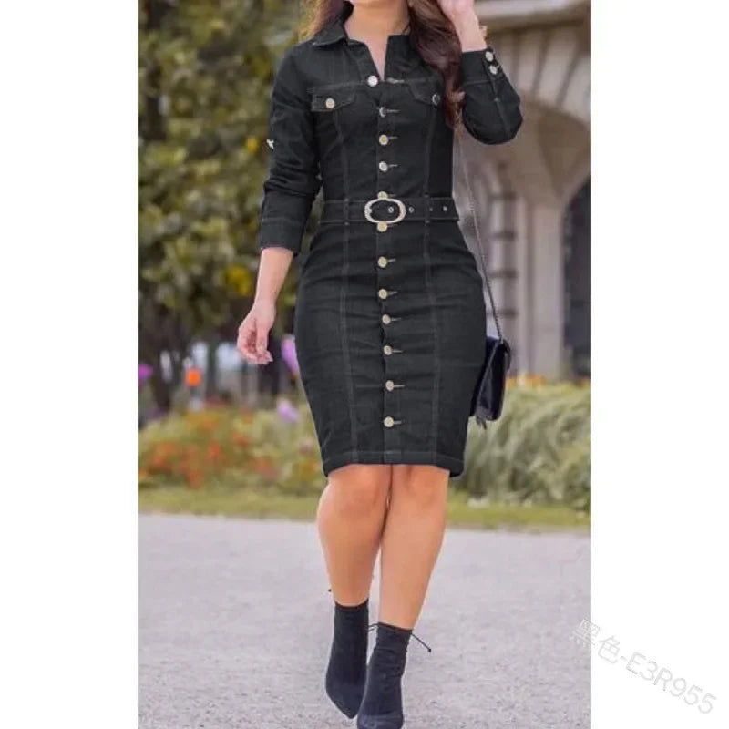 Single-Breasted Long Bodycon Dress Slim Sexy Fashion Denim Dress Multi-Button Decorative Lapel Long Sleeve Denim Muse Dress