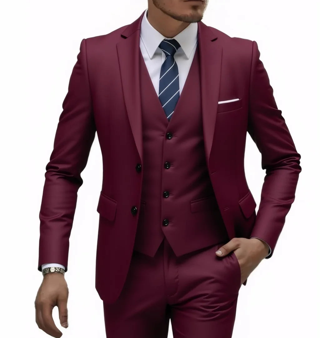 Men's casual 3-piece suit set including blazer, trousers, and vest in various solid colors, from Showlu Fashion.