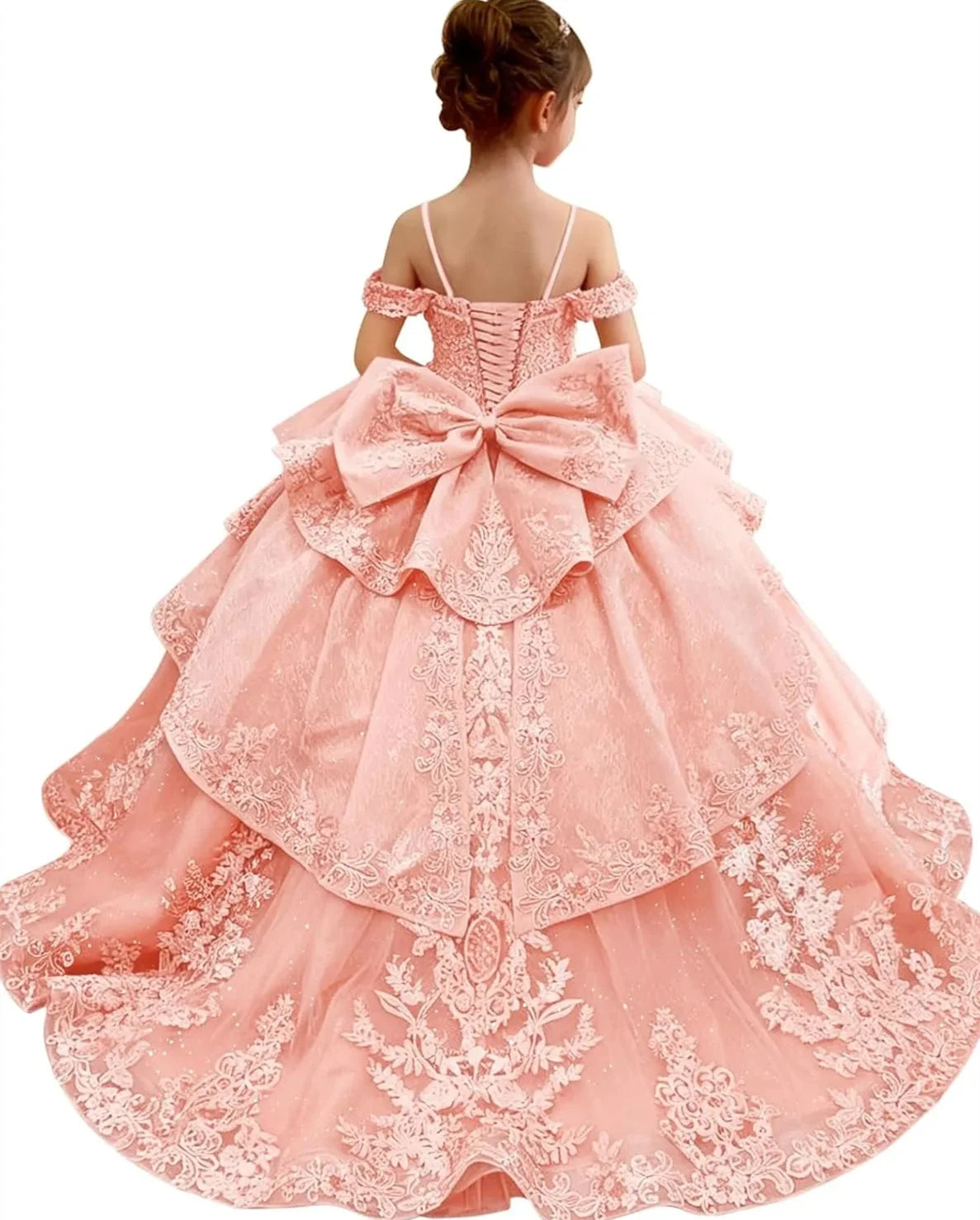 Pink flower girl dress by Showlu Fashion Store with bowknot, appliques, short sleeves, and floor-length design for special occasions.